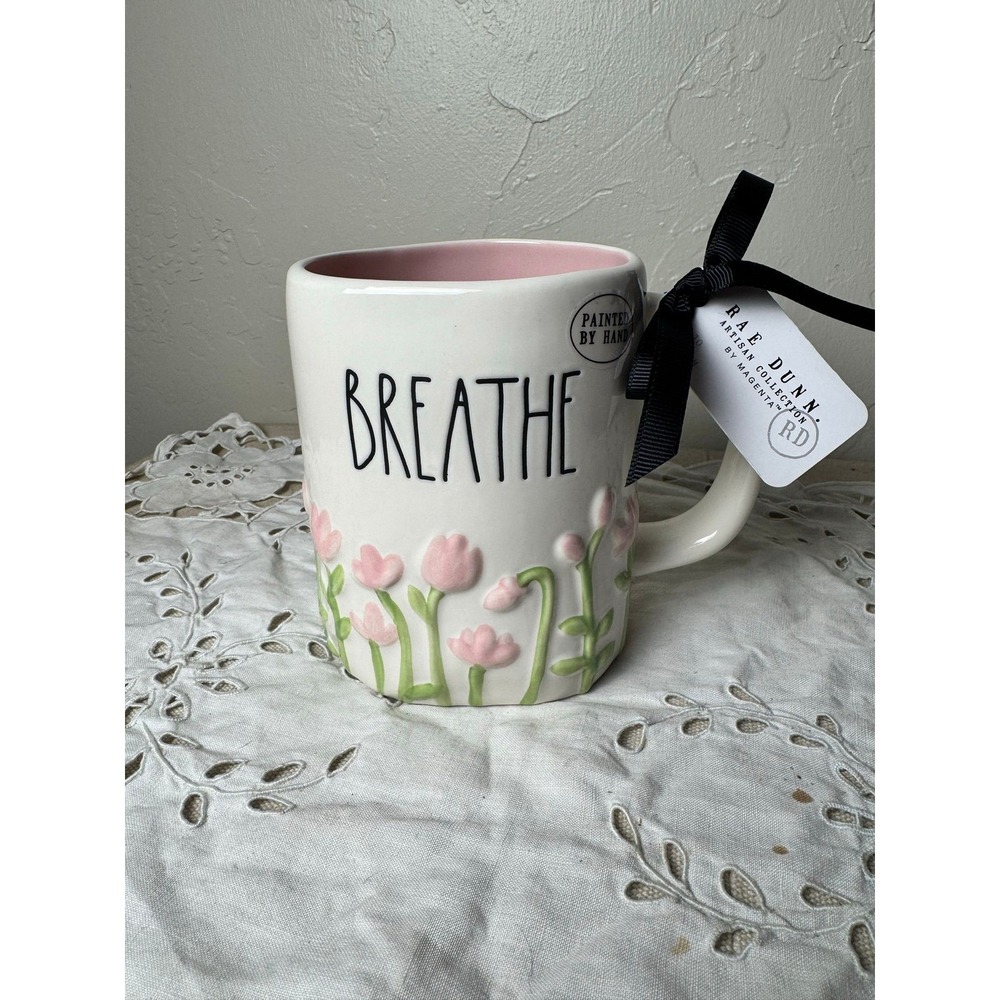 Rae Dunn BREATHE Springtime mug pink flowers